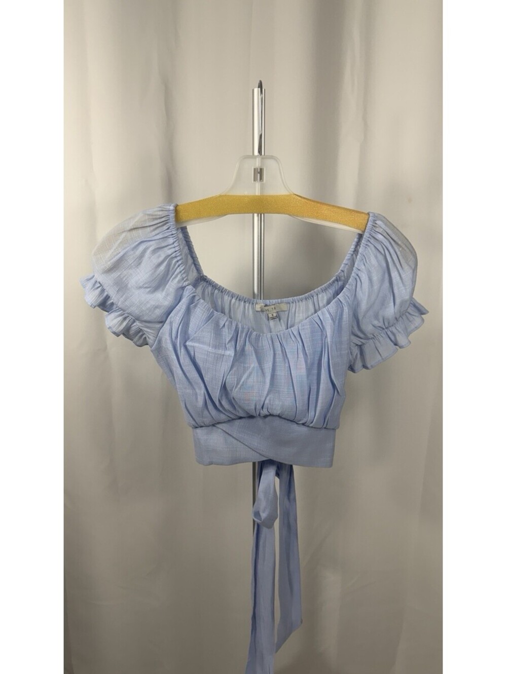 Love Tree Womens S Blue Crop Top Off Shoulder Ruffle Sleeve Milkmaid Tie Waist